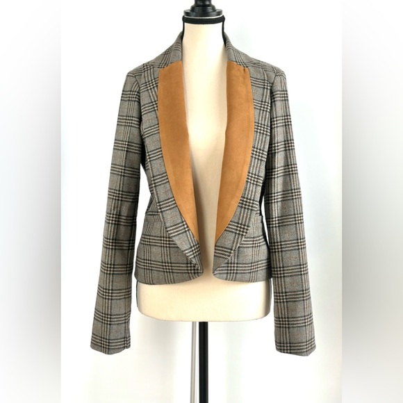 Willow & Clay Wool Blend Grey Plaid Camel Suede Riding‎ Blazer Size Small - Picture 1 of 11